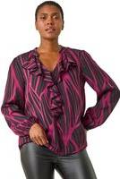 Roman Linear Print V-Neck Ruffle Front Top Purple