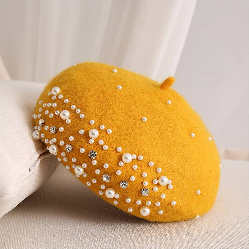 Winter Wool Beret with Rhinestone Pearls - Multicoloured