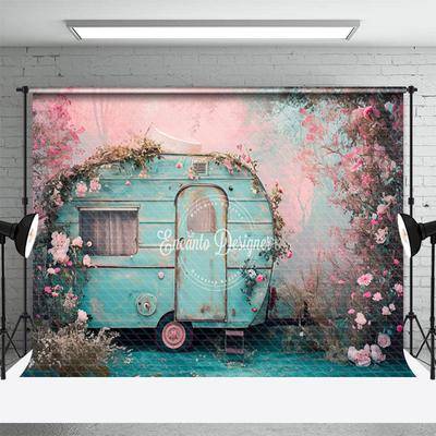 Vintage Blue RV Pink Flower Spring Photo Backdrop Aperturee
