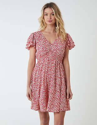 Double Ruffle Empire Shirred Mini Dress - Red Pattern