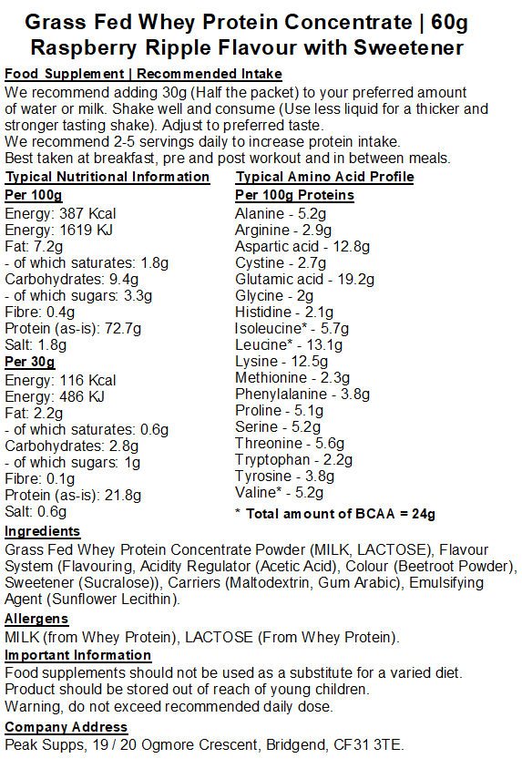 Whey 80 Peak Supps Raspberry Ripple 80% Grass Fed 1kg