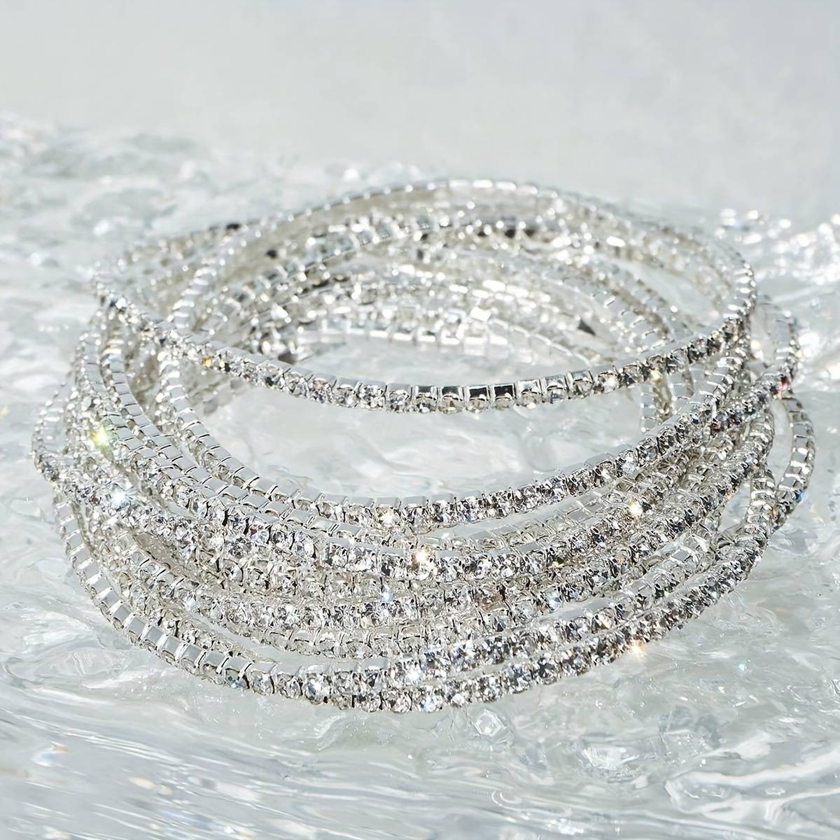 Temu Rhinestone Stretch Bracelets Set - Silver Plated Copper