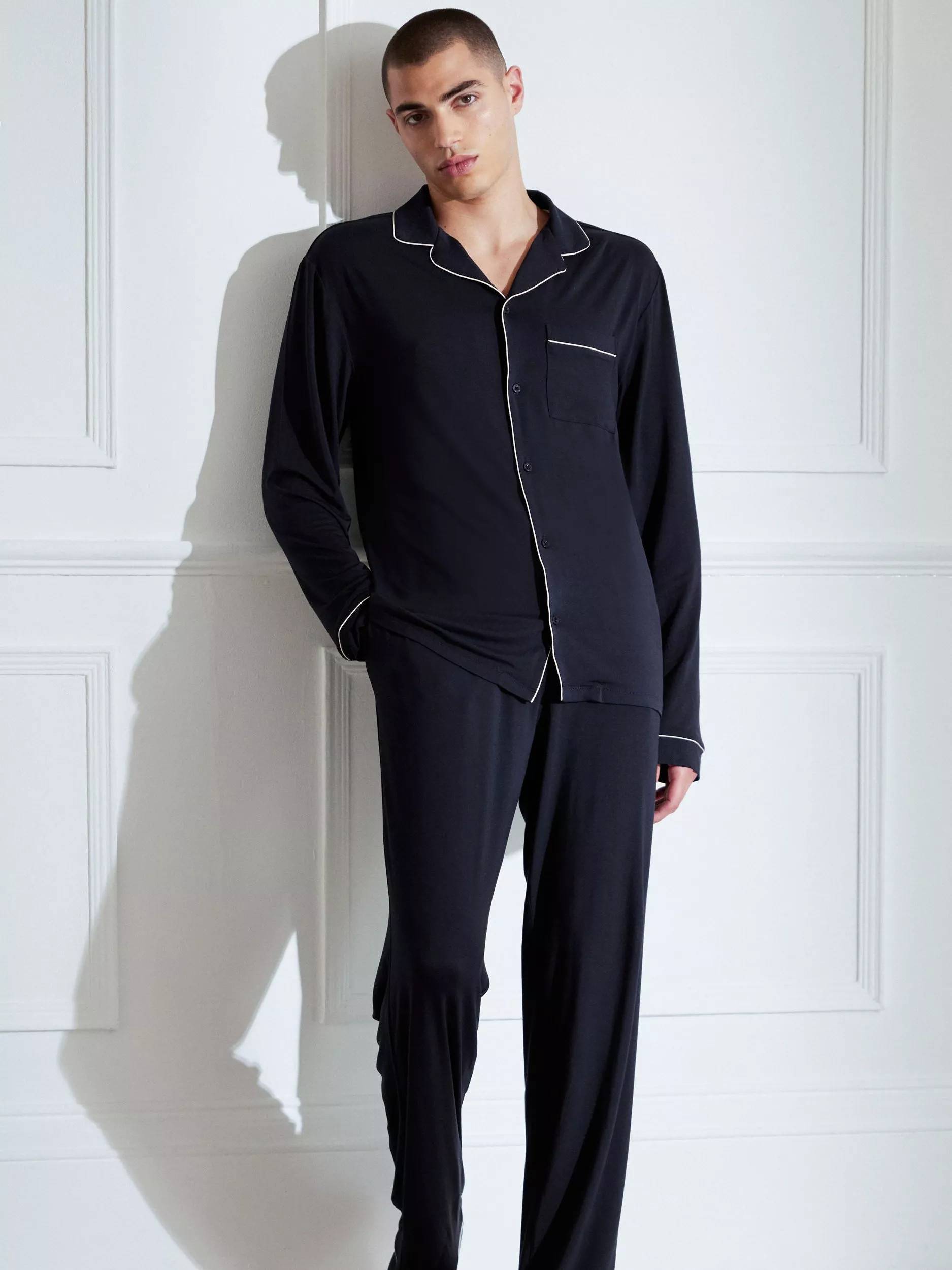 Modal Long Button Up Pyjama Set - Navy