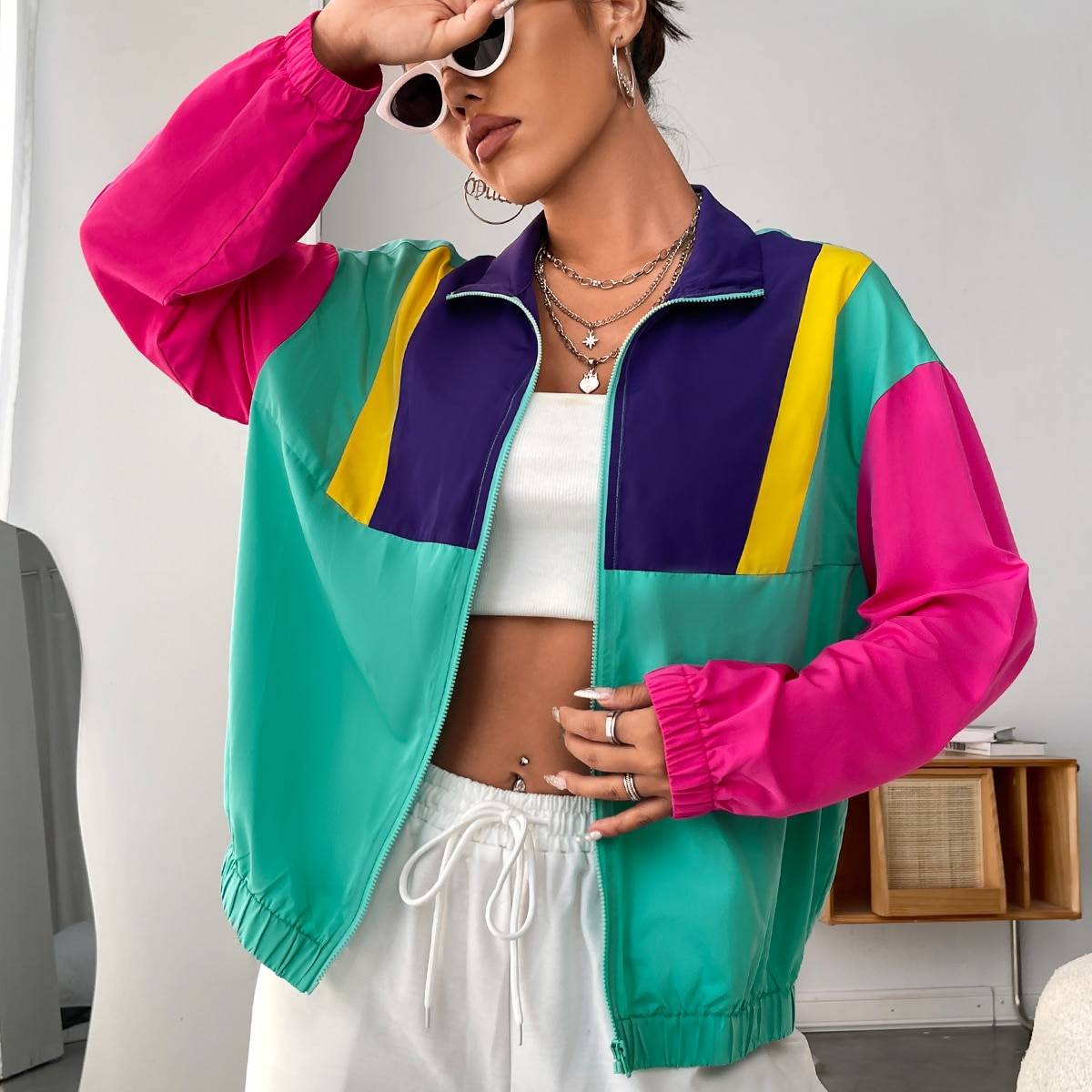 Shein Spring Color Block Drop Shoulder Zipper Jacket - Fall/Winter