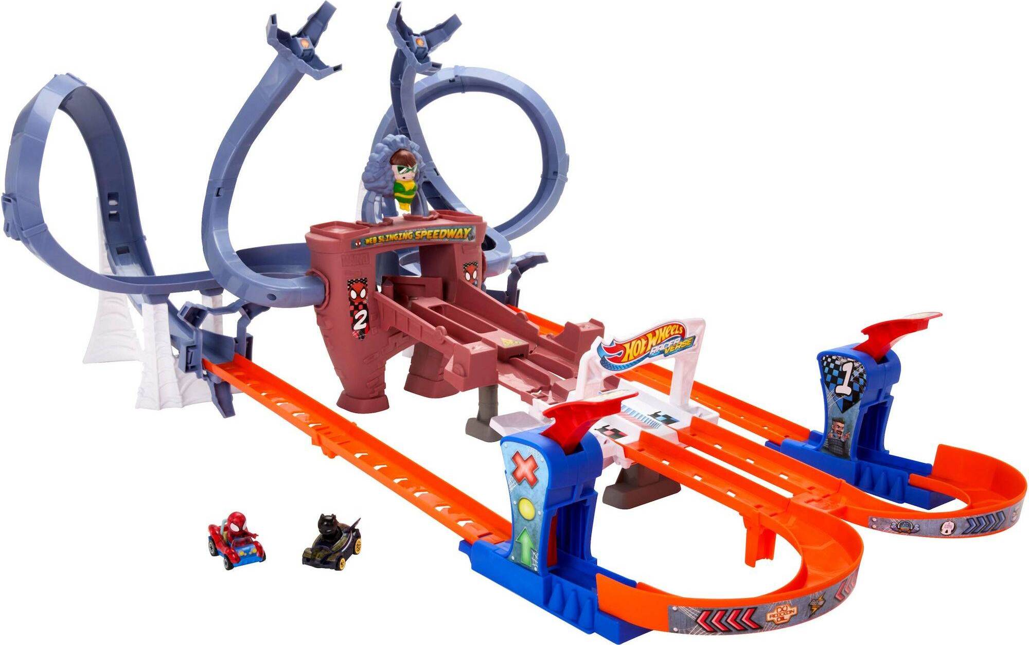 Hot wheels track Hot Wheels Racerverse Spider Man's Web Slinging Speedway Track Set with 2 Racers HPL34