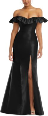 Off-the-Shoulder Ruffle Neck Satin Trumpet Gown - Powder Pink