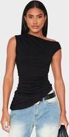 PrettyLittleThing Asymmetric Shoulder Ruched Longline Top - Black
