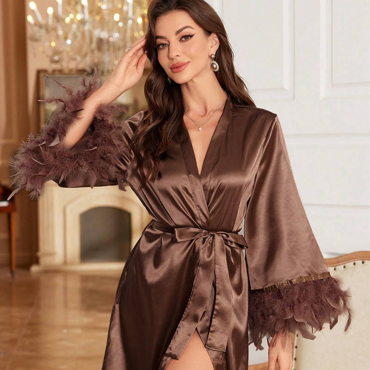 Satin kimono Shein Fluffy Decor Satin Robe - Ladies