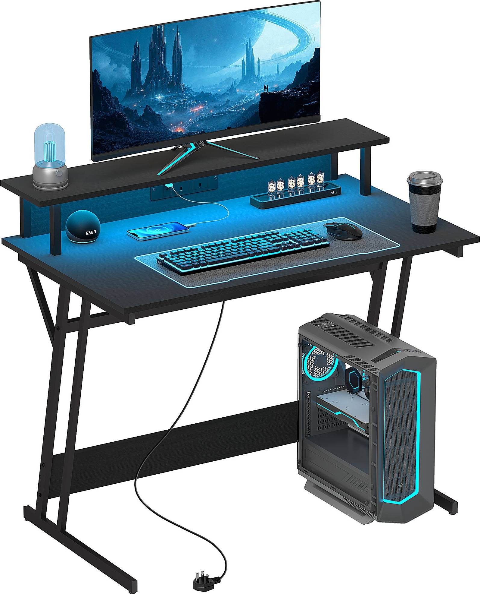 Monitor stand Homcom LED Gaming Desk with Power Outlets and Monitor Stand