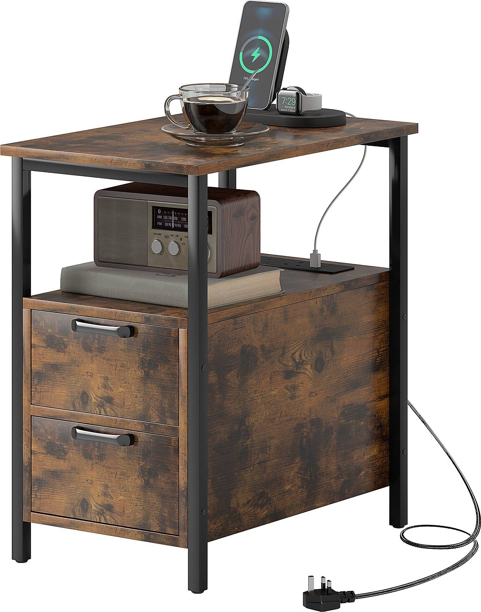 Homcom Rustic Brown with Charging Station Bedside Table