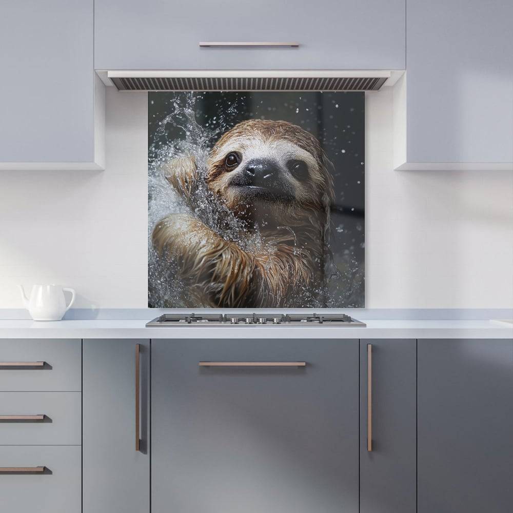 Warren Reed Gleeful Sloth Splashart Glass Kitchen Splashback 60 x 60 cm Splash Guard 60cm