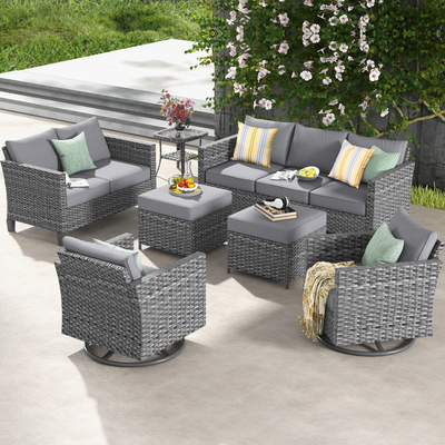Deep seating outdoor sectional Ovios 7-Piece Wicker Sectional Sofa Swivel Rocking Chair - Deep Gray Outdoor Lounge Set