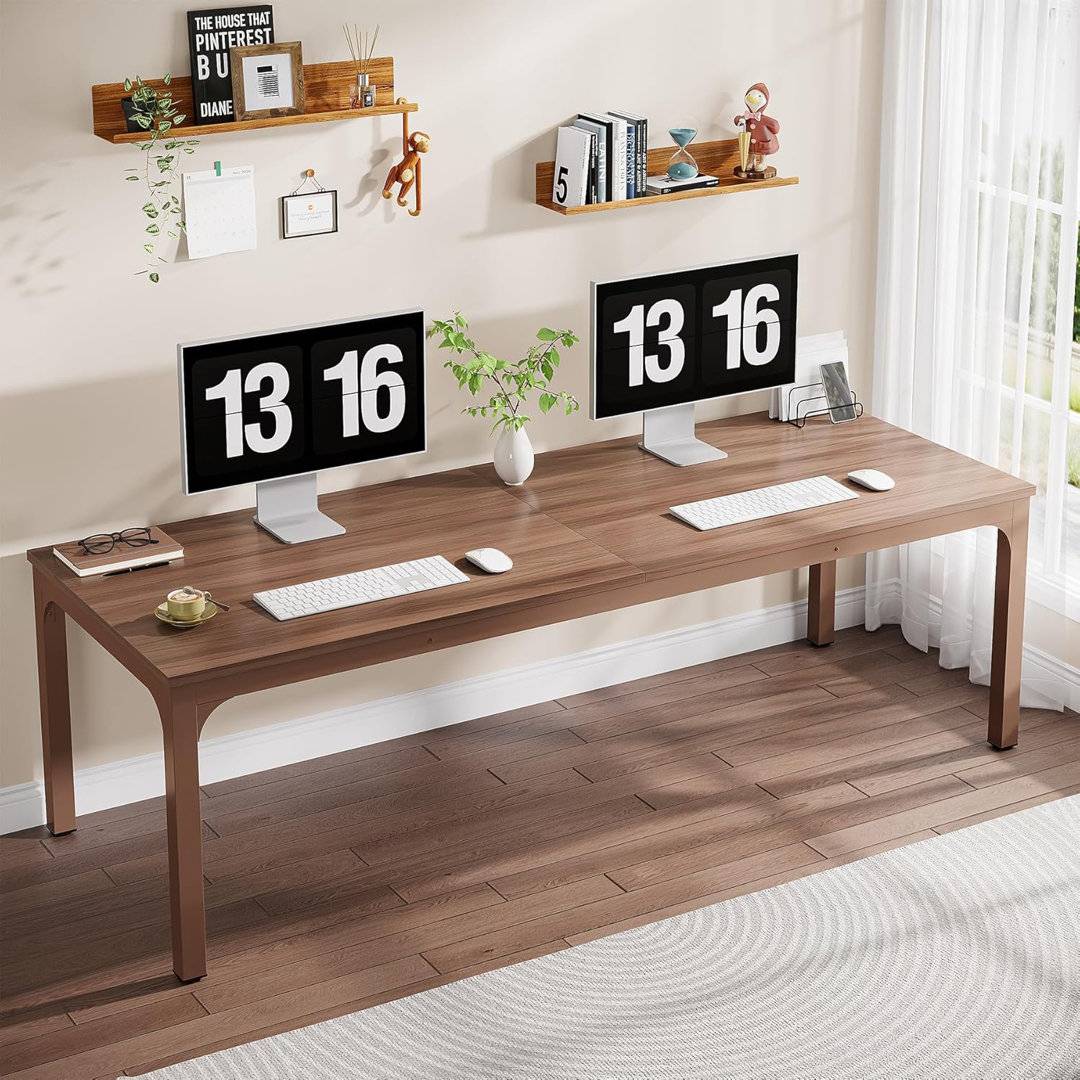 Metal Base Computer 200 cm W Coffee Brown