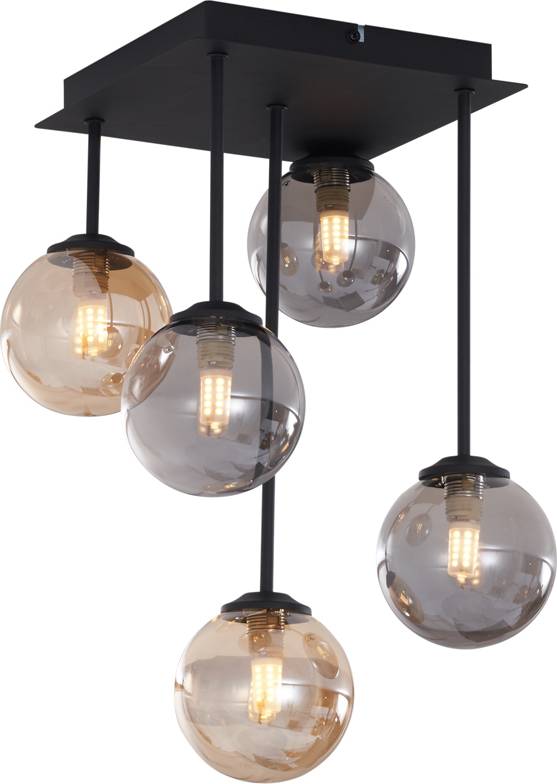 QAZQA Moderne Loftslampe Sort Med Rav- Og Røgglas 5-Lys Pendel
