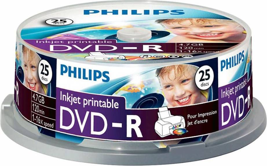 Philips 16x Speed Inkjet Printable DVD-R Blank DVDs 25 Pack