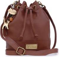Catwalk Rochele Small Leather Drawstring Cross Body Bucket Bag - Tan