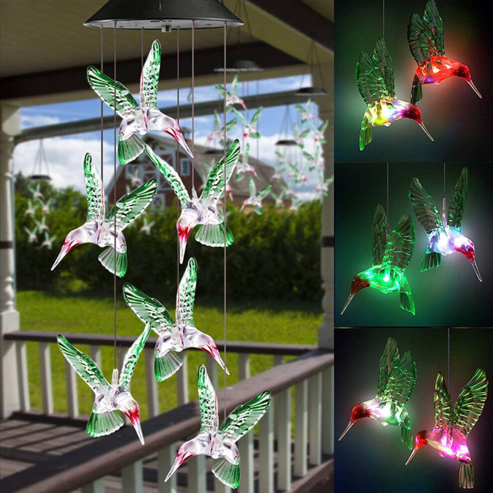 Greenzech Color Changing LED Solar Power Lamp Hummingbird Wind Chime Light