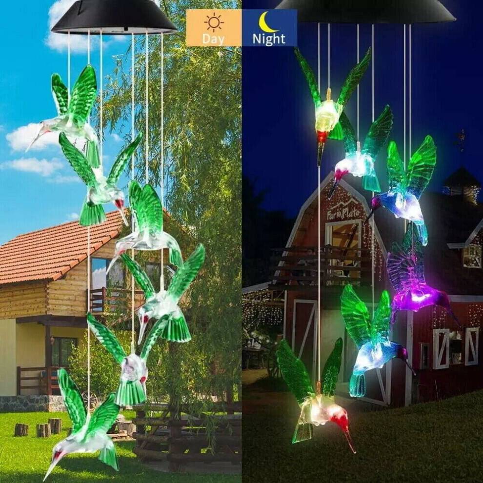 STOYOTU LED Colorful Solar Power Wind Chime Crystal Hummingbird Outdoor Light