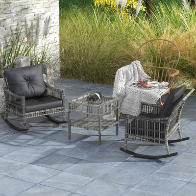 OutSunny 3 Piece Rattan Rocking Chair Set with Padded Cushions and Storage Coffee Table - Gray Outdoor Rocking Chairs Set