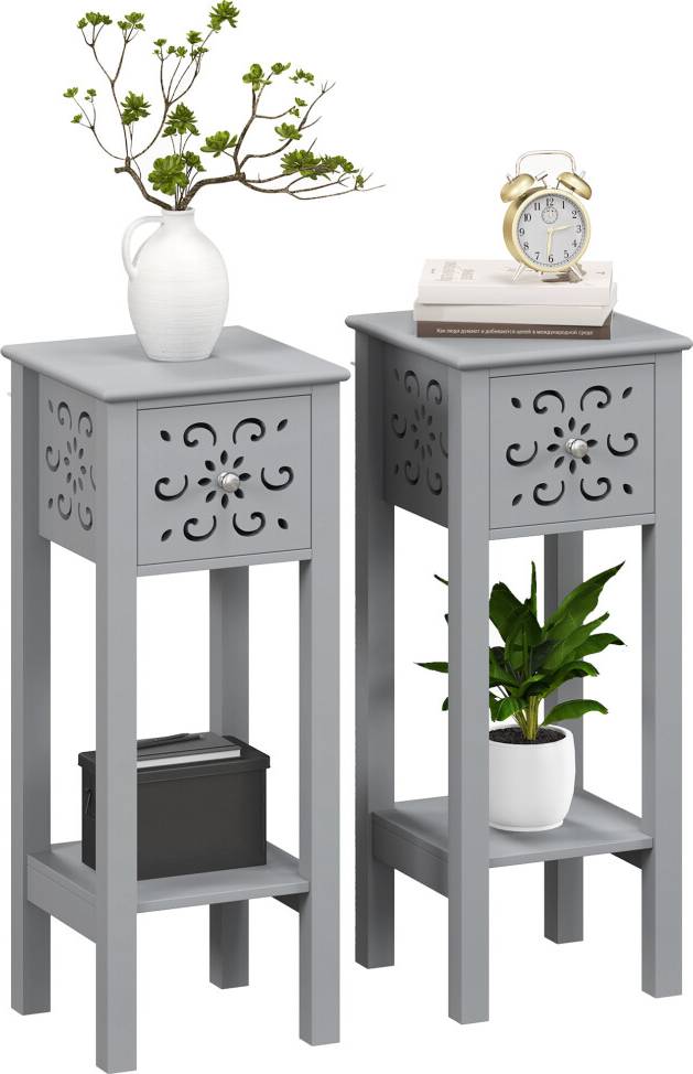 Homcom Set with Drawer and Storage Shelf Grey Bedside Table