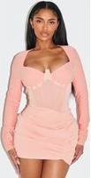 PrettyLittleThing Shape Apricot Mesh Insert Corseted Ruched Side Mini Dress - Apricot