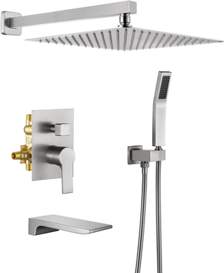 Waterfall shower head Wellfor Brushed Nickel 12-Inches Waterfall Dual Head Built-In Shower Faucet System