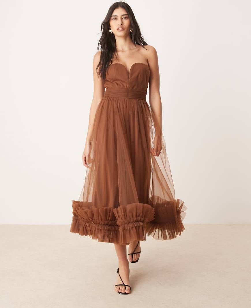 Corset Tulle Ruffle Hem Midaxi Dress Brown