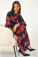 Roman Geometric Colour Block Print Midi Dress - Rust