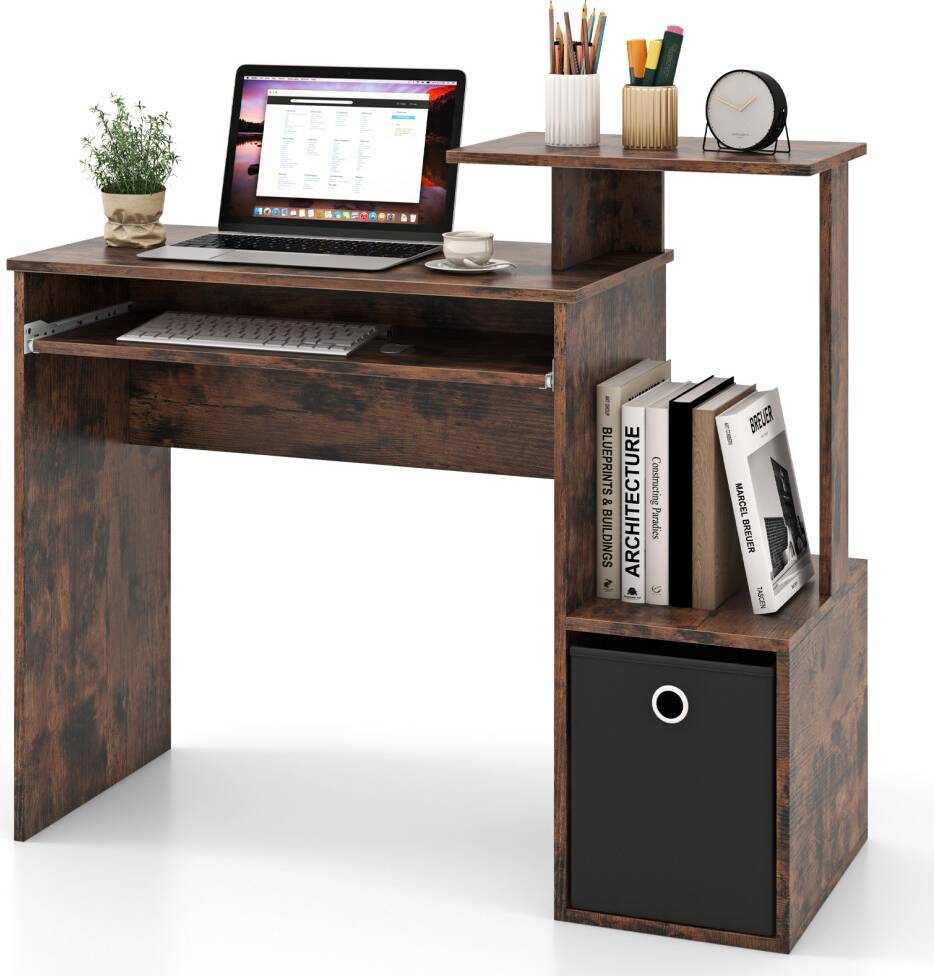Space-Saving Computer with Pull-out Keyboard Tray Rustic Brown