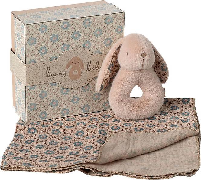 Maileg Rattle Set Rangle Rabbit Powder H6 x W14.5 x D14.5 cm