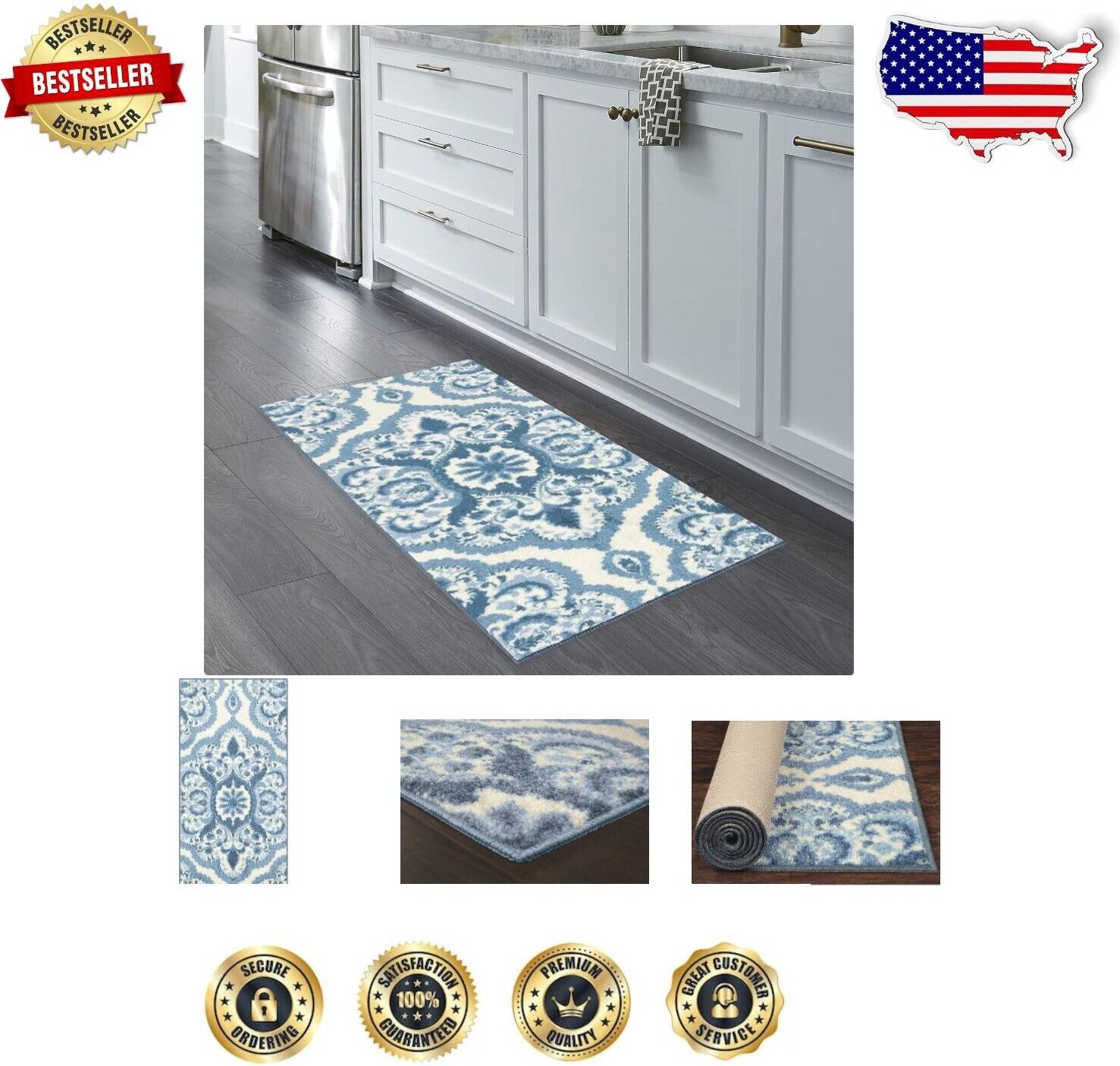 Maples Rugs Medallion Runner Rug 1'8 x 4' - Blue/White Blue