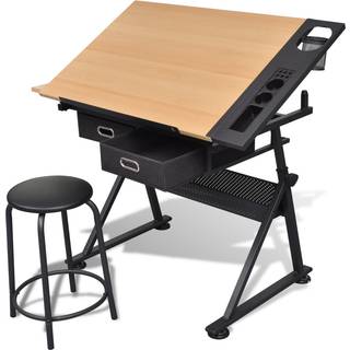 Tegnebord Med Taburet Og To Skuffer Vipbar Bordplade