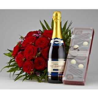 Røde roser, mousserende vin og chokolade