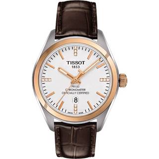 Tissot PR 100 Classic armbåndsur i stål/rosa med brun læderrem og diamanter
