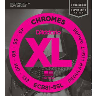 D'Addario XL Chromes Flat Wound Bass Guitar Strings - ECB81-5SL - 5 String - Super Long Scale - Regular Light 45-132