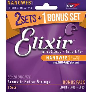Elixir Nanoweb ACOUSTIC 80/20 BRONZE 16539 3 PACK 12-53 Light