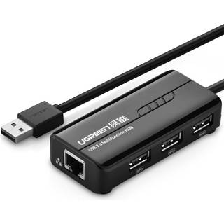 Ugreen 20264 RJ45 / USB-A 10/100Mbps HUB netværksadapter 3x USB-A 2.0 – sort