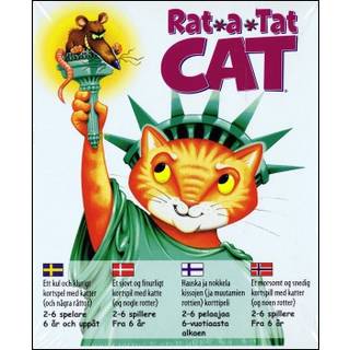Rat-a-tat Cat af Gamewright - et spændende talbaseret kortspil om katte og mus med snedige kig og byttehandlinger; laveste score vinder.