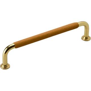 Beslag Design 1353 greb, 128 mm, poleret messing/natur læder
