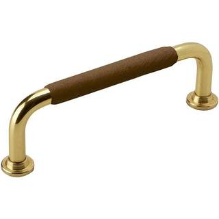 Beslag Design 1353 greb, 96 mm, poleret messing/brunt læder, glat