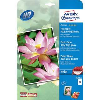 Avery 2482-20 blaekprinter fotopapir, premium glossy 300g A4 20ark