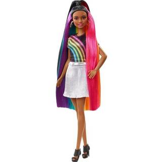 Barbie Rainbow Sparkle Hair Doll med ekstra lang 7,5-tommer brunetteh?r med en skjult regnbue med fem farver Sparkle Gel og kam og frisuretilbeh?