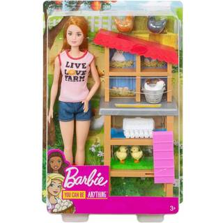 Barbie Chicken Farmer Doll Rödhårig och Playset med Henhouse 3 kycklingar 2 kycklingar och mer karriär-tema leksak för 3 till 7-åringar