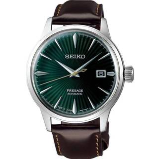 Seiko Presage Automatic herreur i stål med grøn skive og brun læderrem