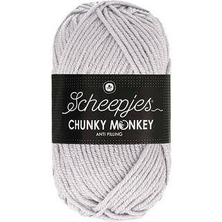 Scheepjes Chunky Monkey 1203 Pale Grey Indhold: 100% Akryl Vægt/længde: 100 g = ca. 116 meter Anbefalede pinde: 5 mm Strikkefasthed: 10 x 10 cm = 13 m x 18 p Maskinvask skåneprogram, max 40°C / Tørres fladt.