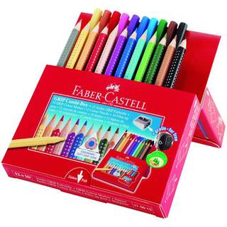 Faber-Castell Jumbo Grip kombiboks 12 blyanter + 10 tusser Sættet består af 12 Jumbo farveblyanter, 10 tusser og en gratis medfølgende blyantspidser.