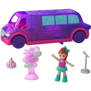 Polly Pocket Pollyville Party Limo med mikro Lila-dukke, transformerende dansegulv, DJ-bås, spabad, balloner og kage