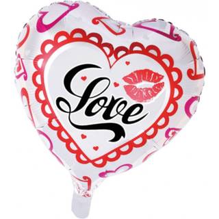 Hjerteformet folieballon i sølv/rød/hvid 46 cm. - LOVE