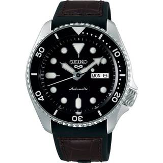 Seiko 5 Sports Genuine Brown Leather & Black Silicone Strap Automatic Black Dial Men's Watch SRPD55K2