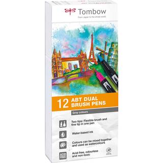 Tombow ABT Dual Brush 12P-3, grå farver, 12 stk, tusch med dobbeltspids